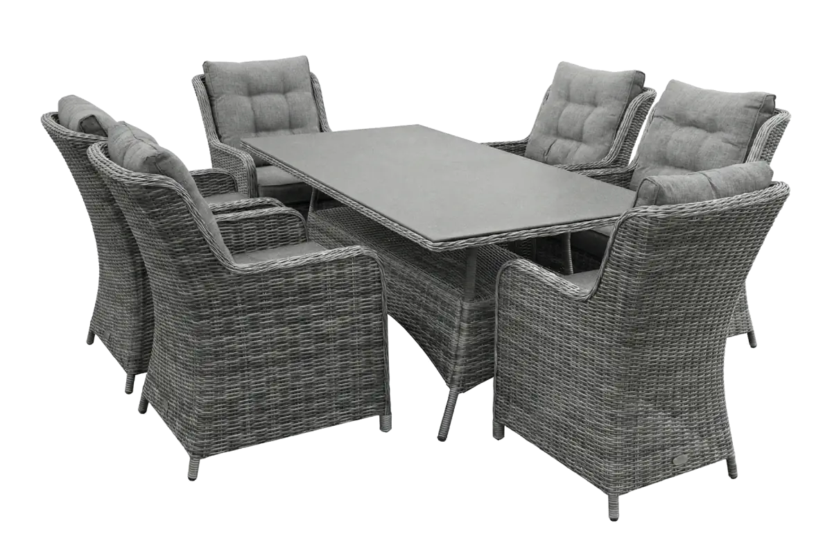 7 delige tuinset-6 Dublin tuinstoelen-Ash Grey-wicker-keramiek-aluminium frame