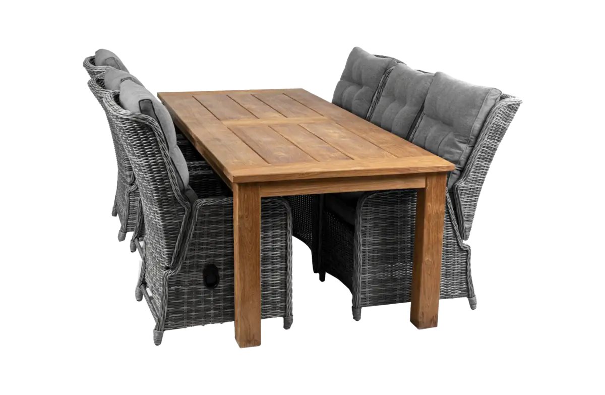 Dublin lounge dining set-6 Dublin verstelbare tuinstoelen-Ash Grey-Teakhout tuintafel-aluminium frame-wicker