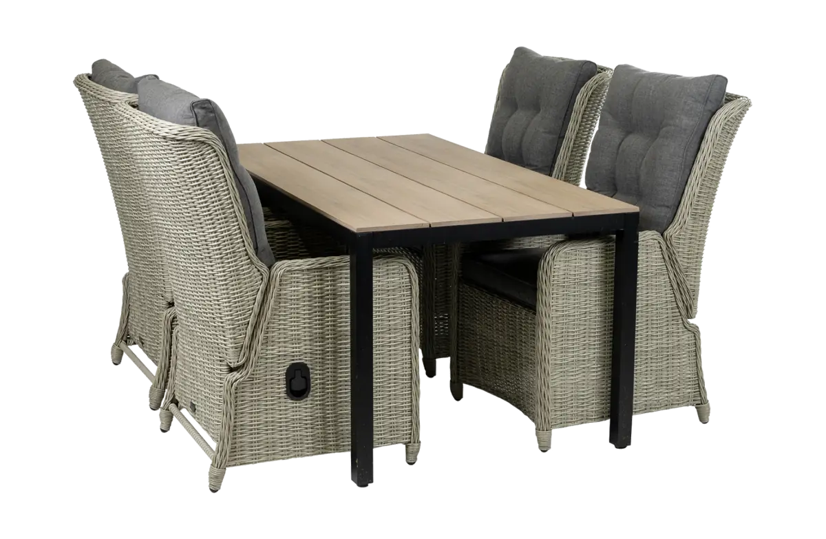 5 delige tuinset-4 Dublin verstelbare tuinstoelen-Mystic Grey-cyprus tuintafel-wood kleur tuintafel-wicker-aluminium frame