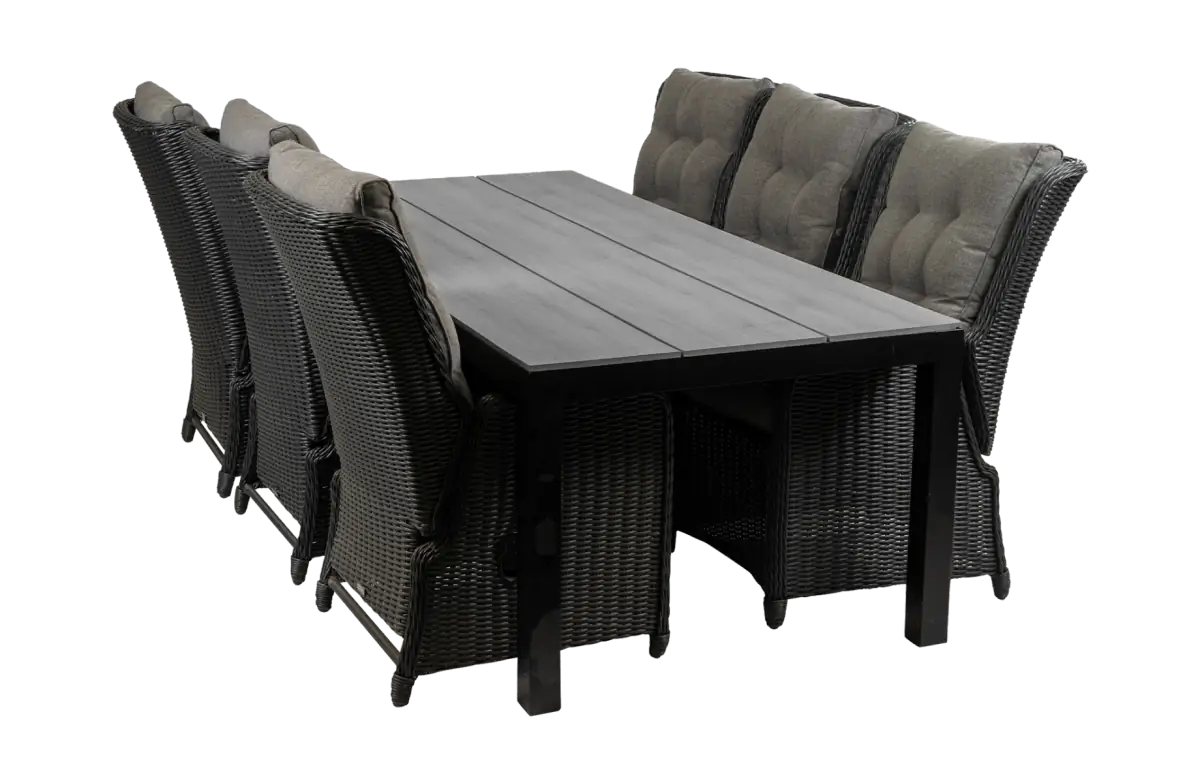 7 delige tuinset Dublin-Dublin verstelbare stoel-Black-polywood tuintafel-wicker vlechtwerk-aluminium frame