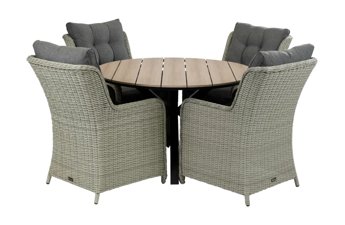 cyprus-tuintafel-wood-vaste-dublin-tuinstoelen-mystic grey-wicker vlechtwerk-aluminium frame-polywood tafelblad