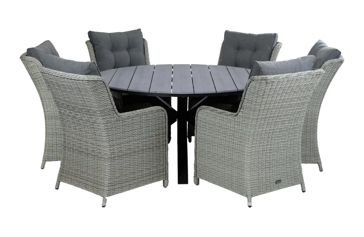Dublin ronde tuinset-7 delige tuinset-Dublin tuinstoel-Mystic Grey-wicker vlechtwerk-cyprus ronde tuintafel-polywood
