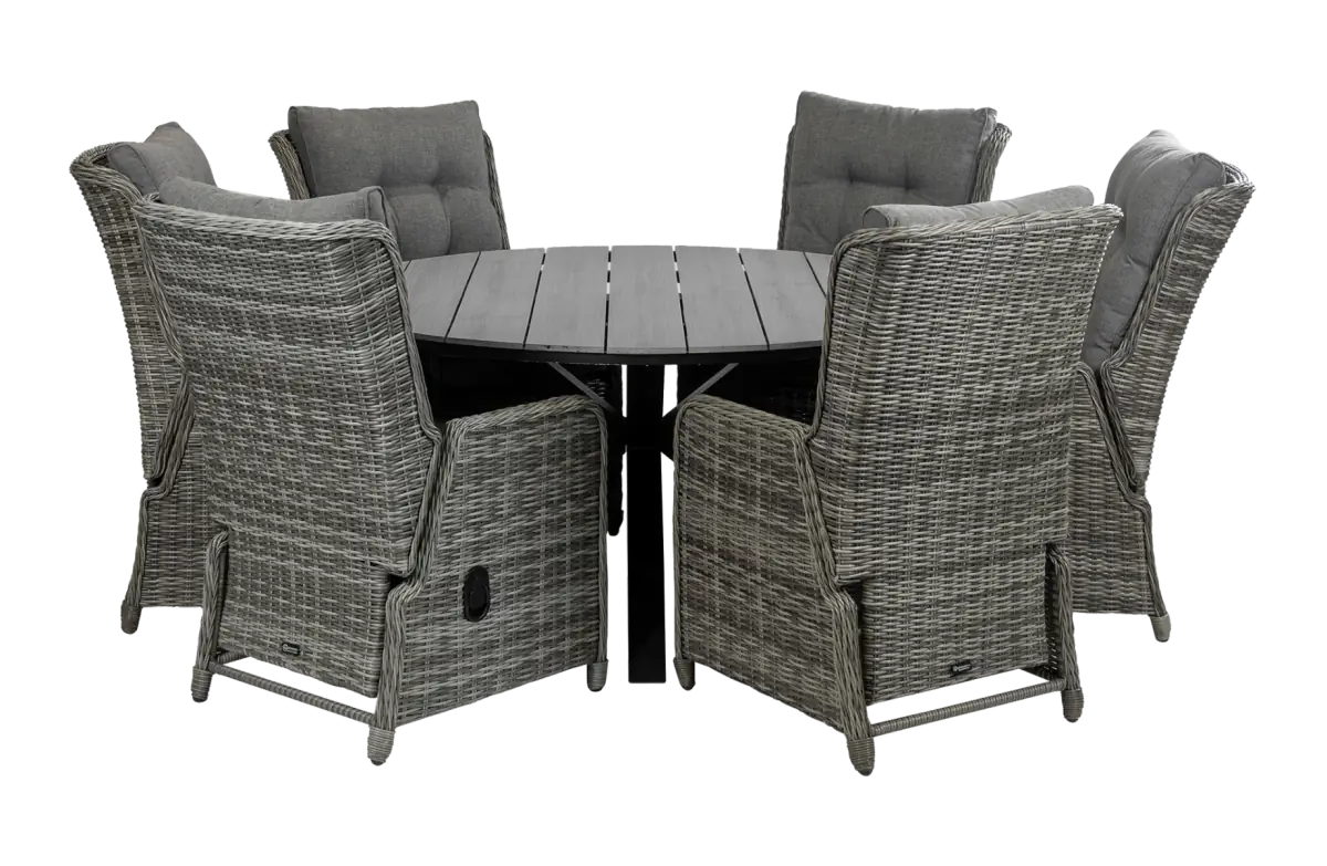 Dublin ronde tuinset-7 delige tuinset-dublin verstelbare tuinstoel-polywood tuintafel-wicker vlechtwerk-aluminium frame