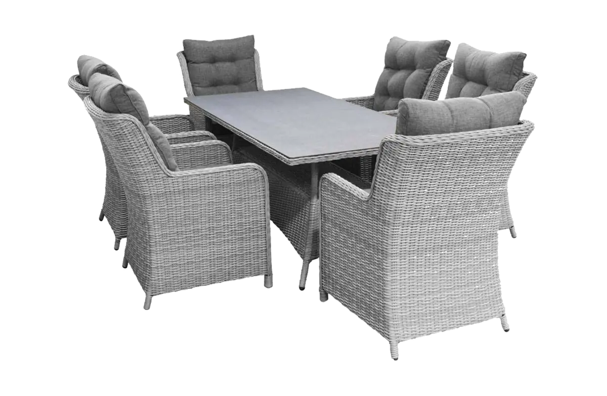 7-teiliges Gartenset | 6 Dublin Gartenstühle | Gartentisch Dublin 180 cm mit Keramikplatte