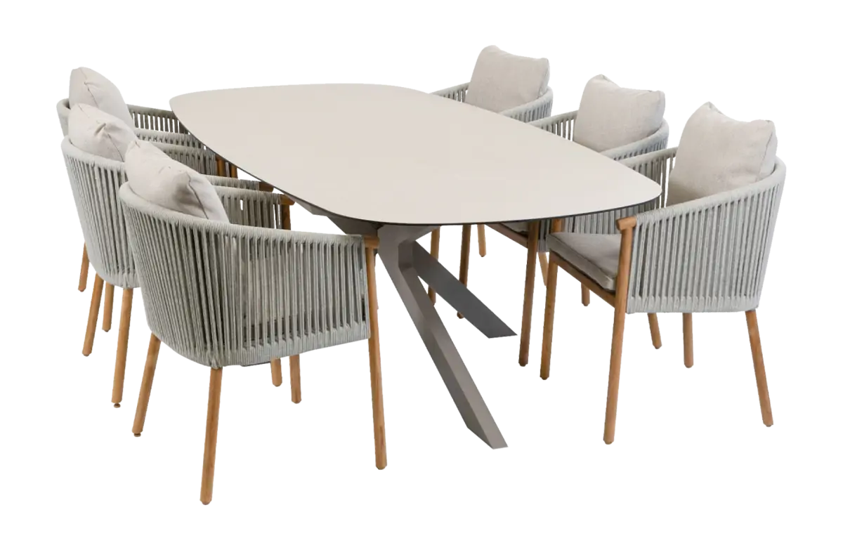 7-teiliges Garten-Set | 6 Es Vedra Gartenstühle | Gartentisch Malaga 240 x 115 cm | Teakholz & Camel