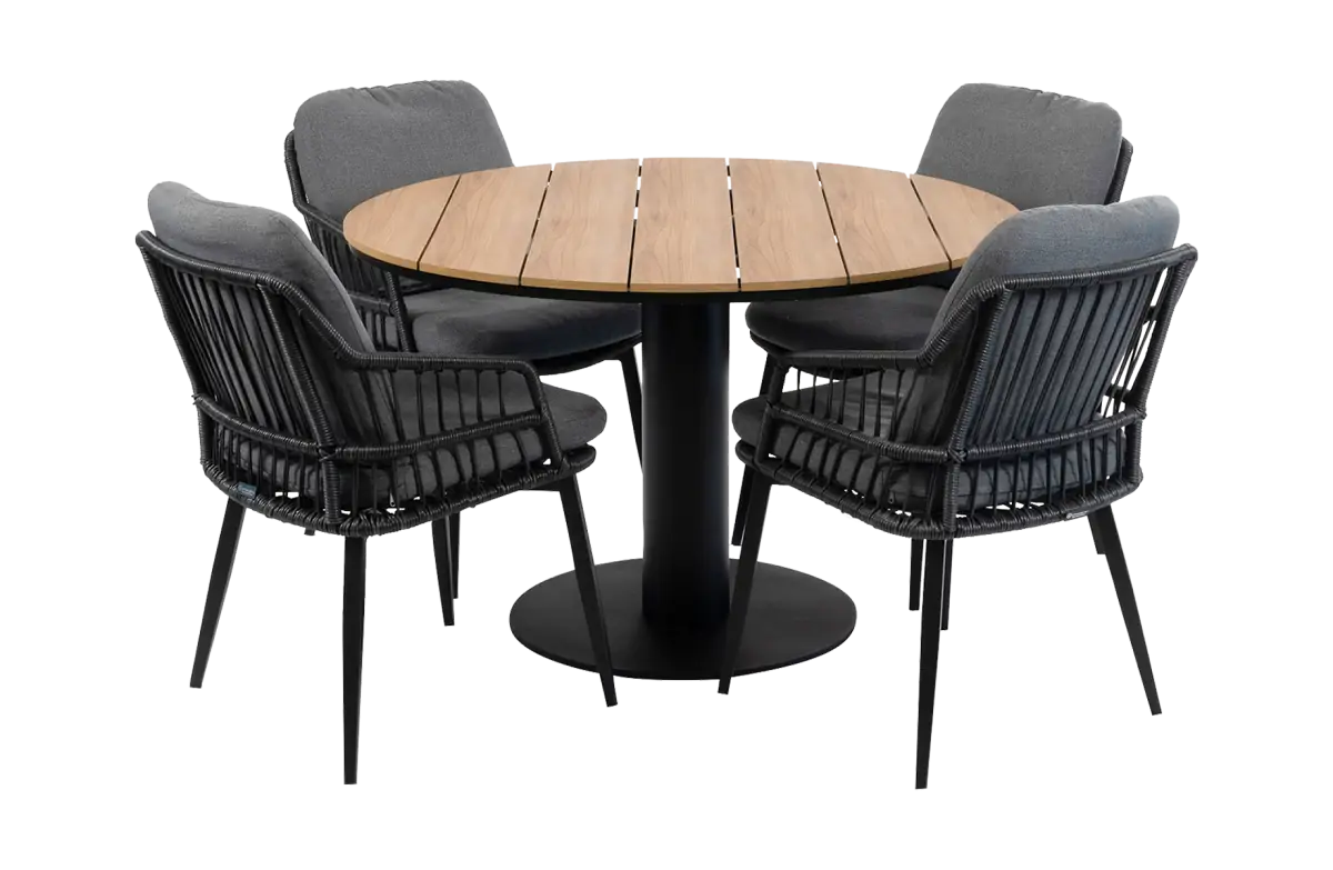 5-teiliges Garten-Set | 4 Isabel-Gartenstühle | ø 120 cm Tower-Gartentisch | Schwarz