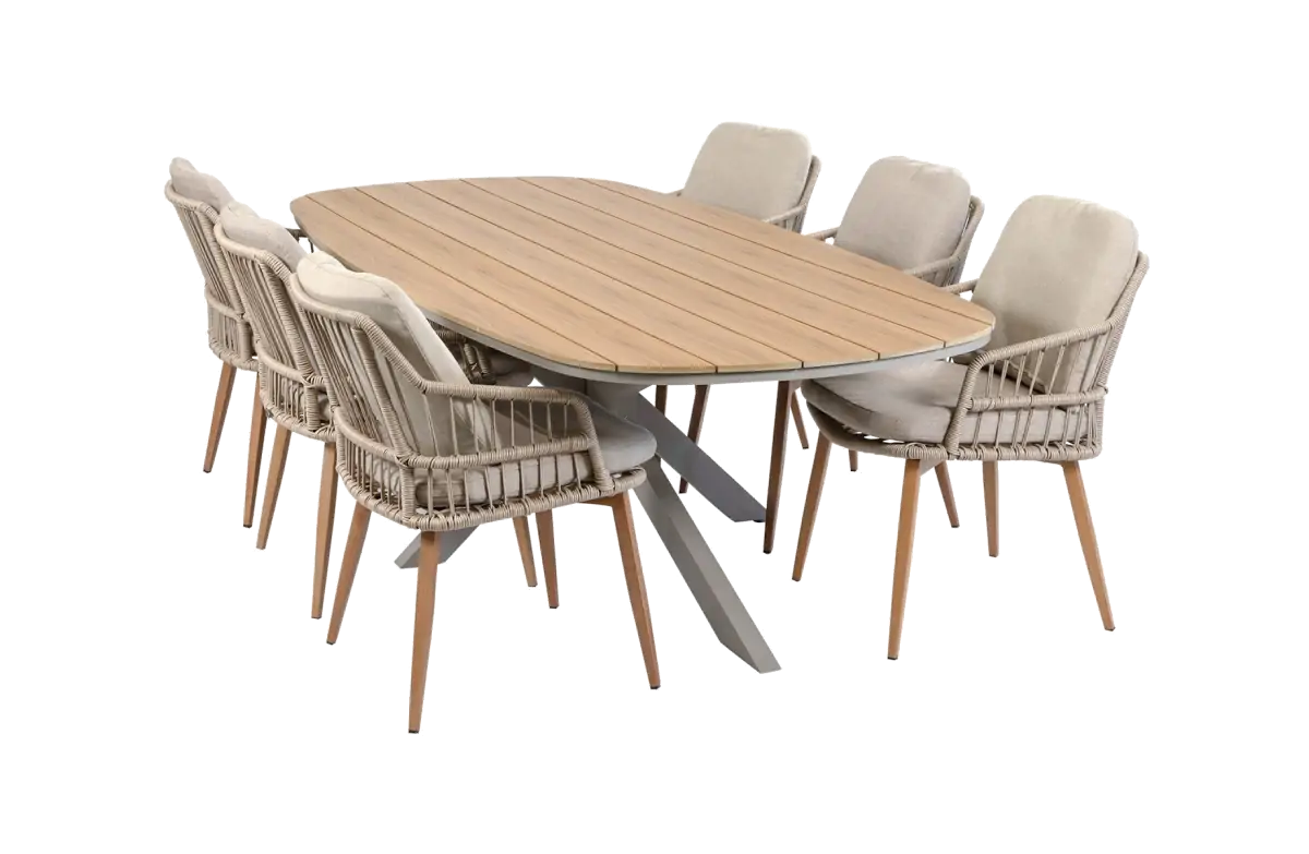 7-teiliges Garten-Set | 6 Isabel Gartenstühle (Sand) | Cadiz Gartentisch 240 x 115 cm (Camel)