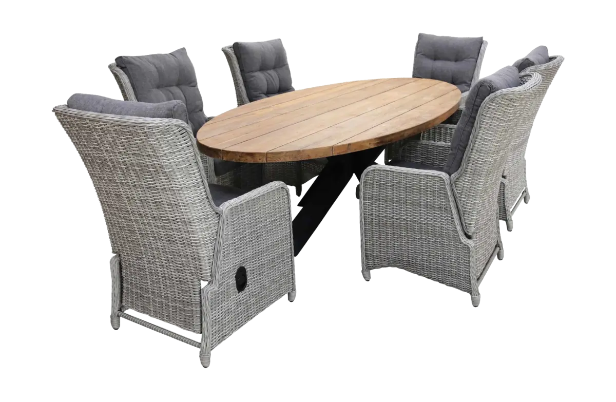 Dublin tuinset-7 delige tuinset-Dublin verstelbare tuinstoel-Mystic Grey-Teakhout tuintafel-wicker-aluminium frame