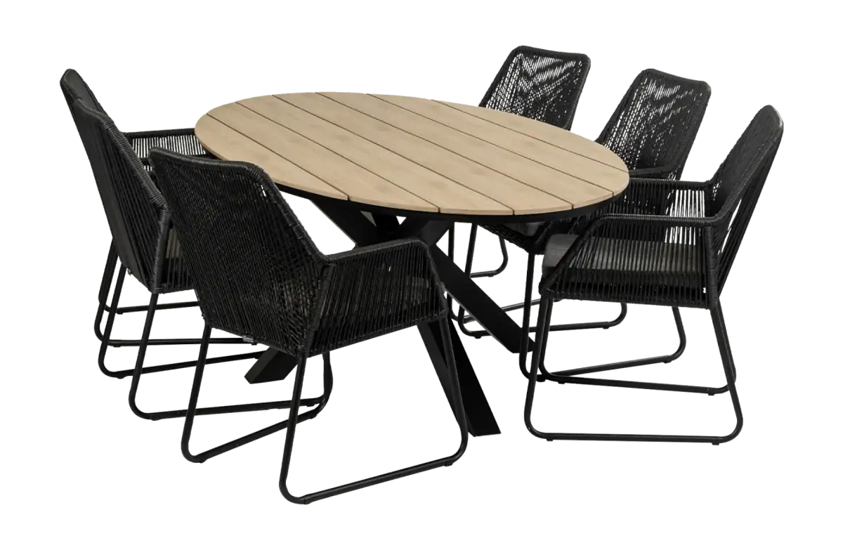Mona ovale tuinset-7 delige tuinset-Cyprus ovale tuintafel-wood kleur tafelblad-Rope tuinstoel-Tuinstoel kleur black