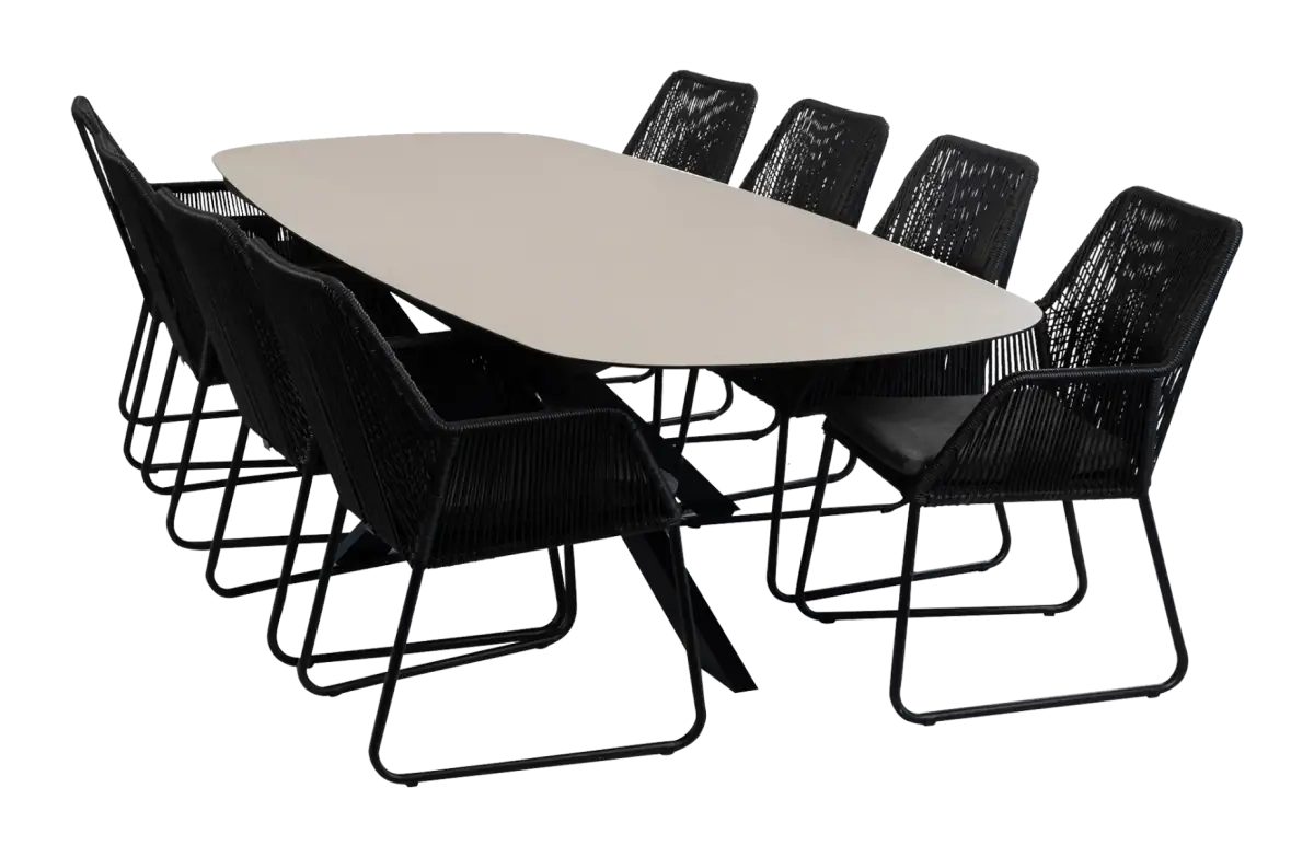 9-teiliges Garten-Set | 8 Mona Gartenstühle | Gartentisch Malaga 280 x 115 cm | Schwarz