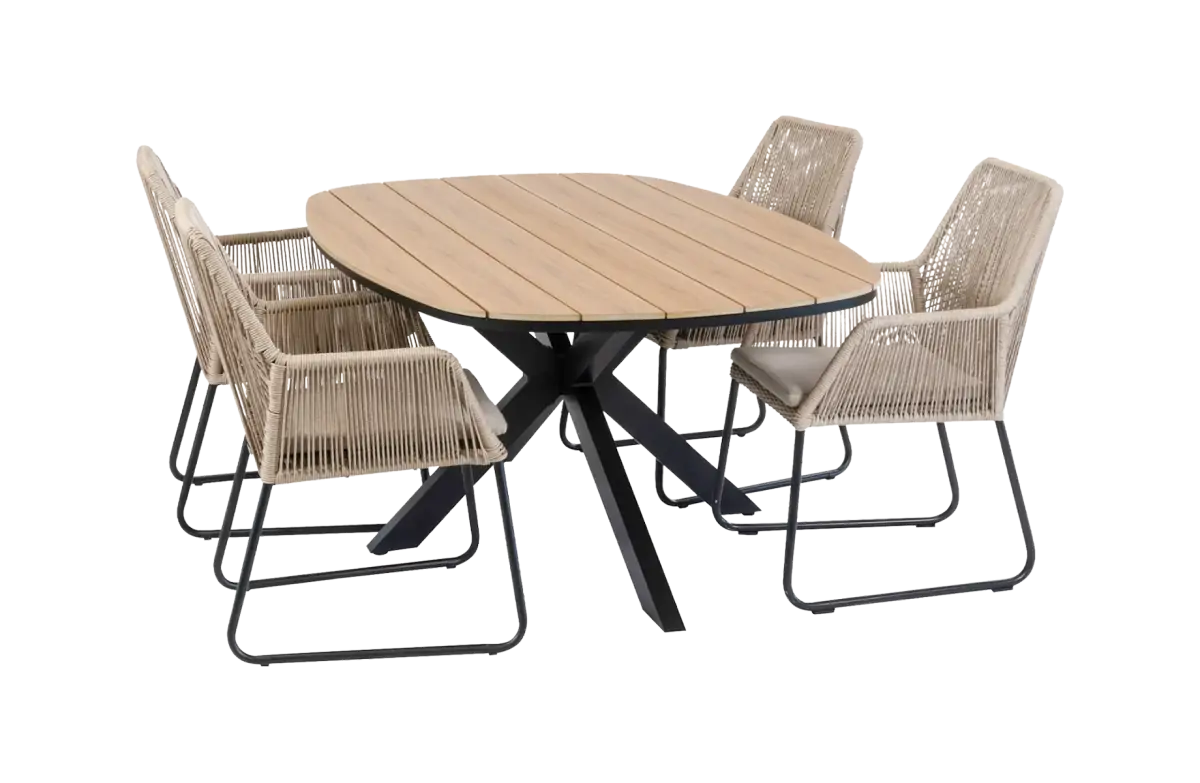 5-teiliges Garten-Set | 4 Mona Gartenstühle (Sand) | Cadiz Gartentisch 180 x 115 cm (Schwarz)