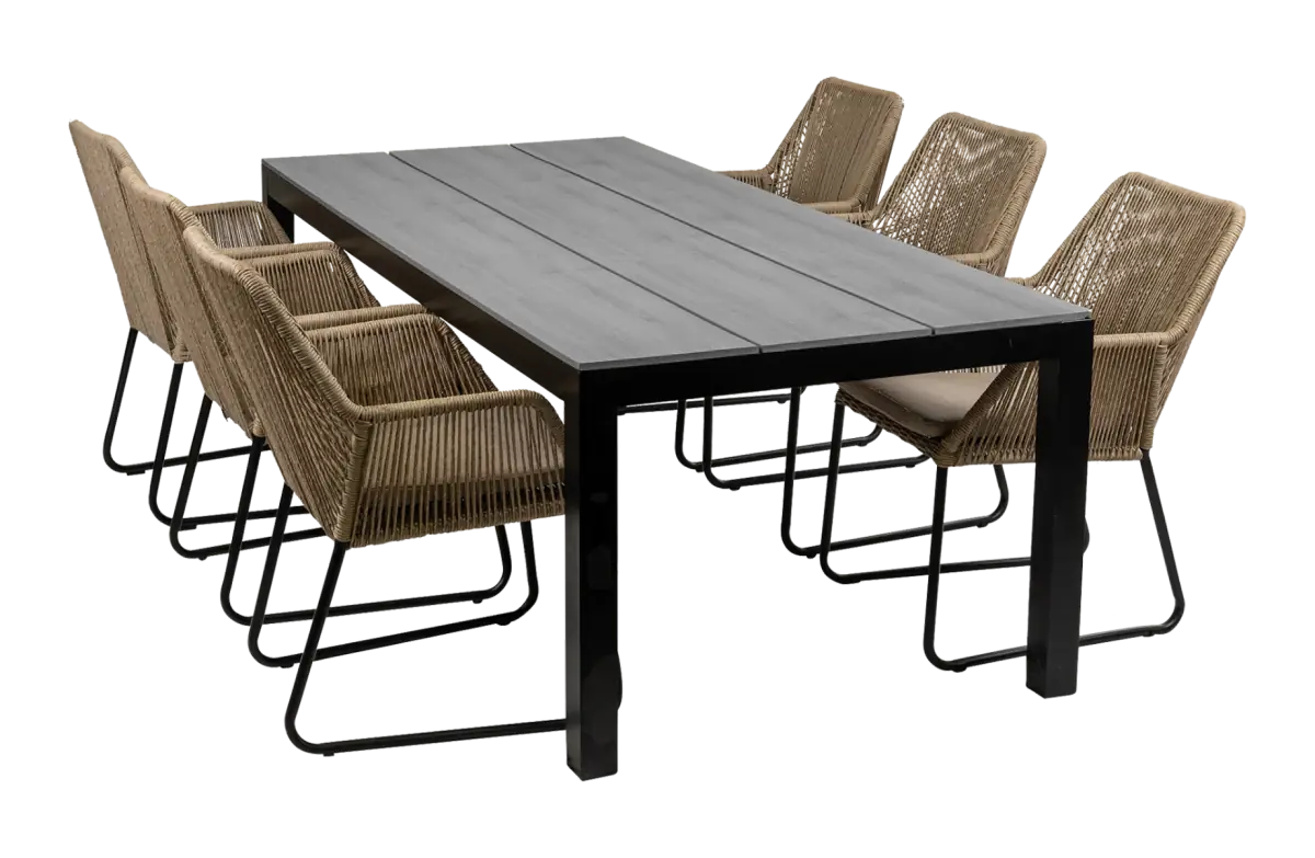 Mona 7 delige tuinset-Cyprus tuintafel-grey kleur tuintafel-Rope tuinstoel-Sand kleur tuinstoel-aluminium frame