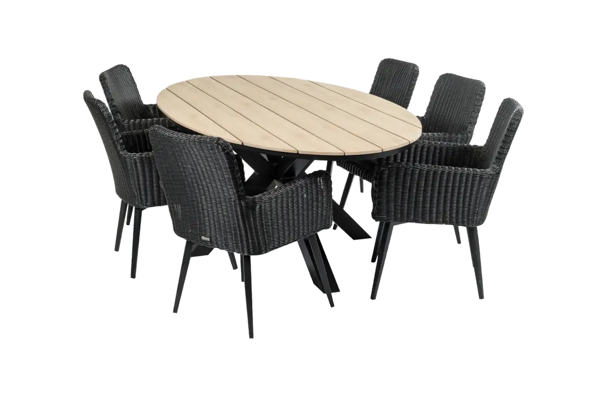 sa dining tuinset-7 delige tuinset-Pisa tuinstoel black-polywood tuintafel-rond wicker vlechtwerk-aluminium frame