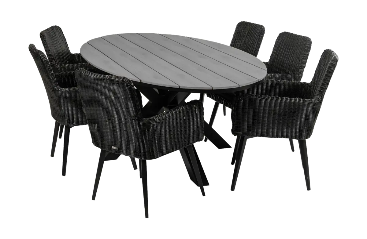 Pisa ovale tuinset-7 delige tuinset-Pisa tuinstoel black-rond wicker vlechtwerk-polywood tuintafel-aluminium frame