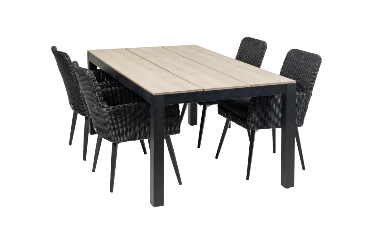 Pisa tuinset-5 delige tuinset-Pisa tuinstoel-black-rond wicker vlechtwerk-aluminium frame-polywood tuintafel-wood kleur tuintafel