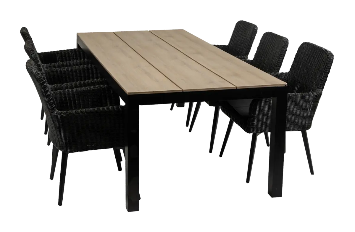 Pisa tuinset-7 delige tuinset-Pisa tuinstoel-black-polywood tuintafel-wicker-aluminium frame
