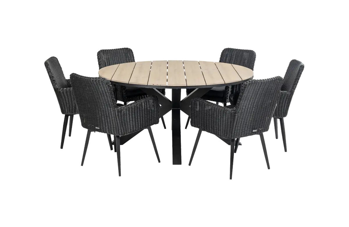 Pisa ronde tuinset-7 delige tuinset-Pisa tuinstoel black-polywood tuintafel-wicker vlechtwerk-aluminium frame