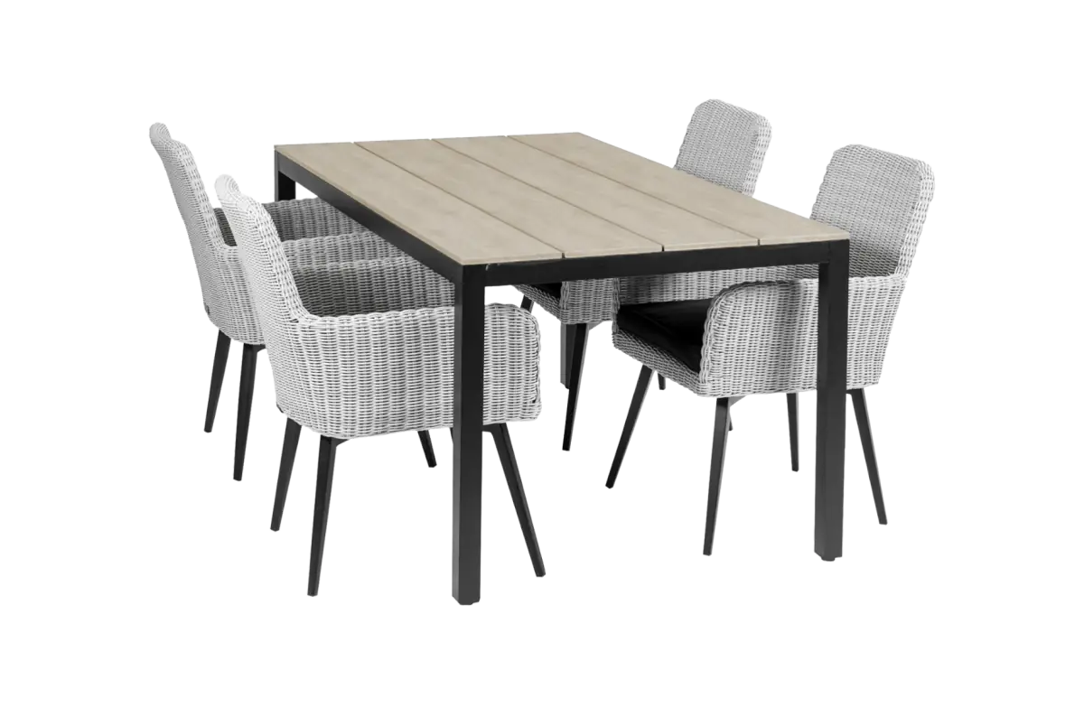 Pisa tuinset-5 delige tuinset-Pisa tuinstoel grey-rond wicker vlechtwerk-aluminium frame-polywood tuintafel-wood kleur