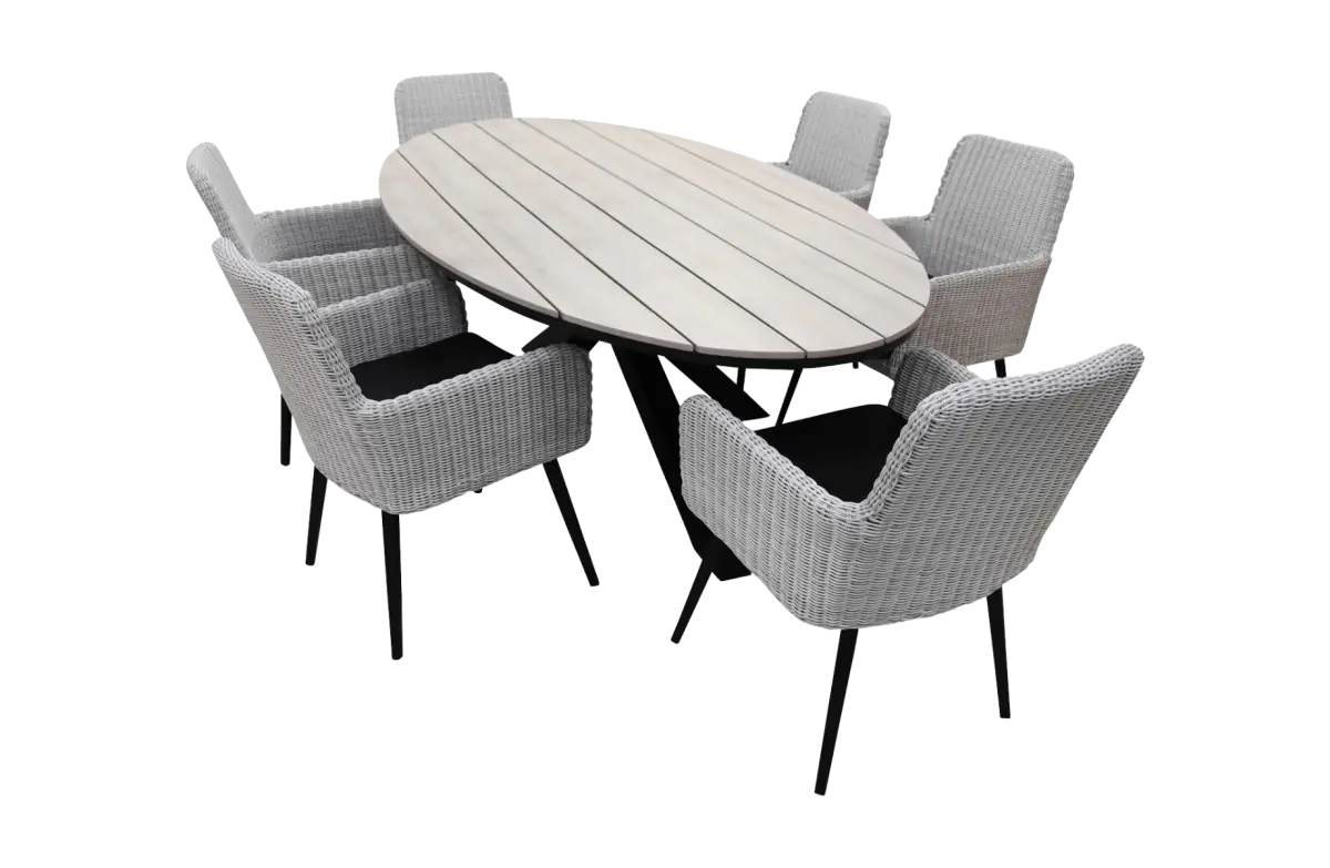 Pisa dining tuinset-7 delige tuinset-Pisa tuinstoel white-aluminium frame-rond wicker vlechtwerk-black zitkussen