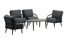 Sessel Lounge-Set | 4 Isabel Lounge-Sessel | Mykonos Beistelltisch oval (120 x 75 cm) | Grau & Schwarz