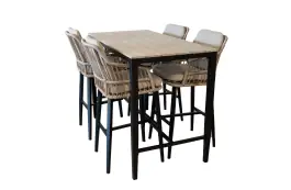 5-teiliges Gartenbar-Set | 4 Isabel Barhocker |  Limasol Bartisch 150 x 75 cm Holz  | Sand & Holz