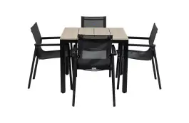 5-teiliges Garten-Set | 4 Delia-Gartenstühle | 90 x 90 cm Limasol-Gartentisch | Textil & Polywood | Schwarz & Wood
