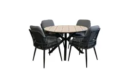 5-teiliges rundes Gartenset | 4 Isabel Gartenstühle (Schwarz) | ø120cm Limasol Gartentisch (Wood)