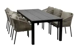 7-teiliges Garten-Set | 6 Elvira Gartenstühle (Sand) | Gartentisch Limasol 225 x 100 cm (Grau)
