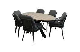 7-teiliges Garten-Set | 6 Isabel-Gartenstühle (Schwarz) | 220cm ovaler Limasol-Gartentisch (Holz)