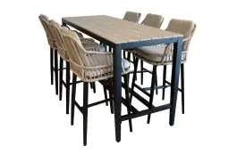 7-teiliges Gartenbar-Set | 7 Isabel Barhocker |  Limasol Bartisch 200 x 75 cm Holz  | Sand & Holz