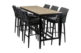 7-teiliges Gartenbar-Set | 7 Isabel Barhocker Schwarz |  Limasol Bartisch 200 x 75 cm Holz