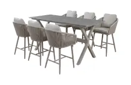 7-teiliges Garten-Barset | 6 Alezio Barstühle (Camel) | Bartisch Barletta 200x75 cm (Desert Pearl/Camel)