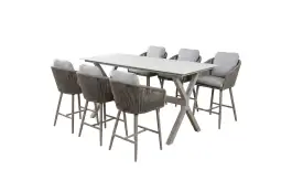 7-teiliges Bar-Set | 6 Alezio Barstühle (Elfenbeinfarbe/Camel) | Bartisch Barletta 200x75 cm (Sandstone/Camel)