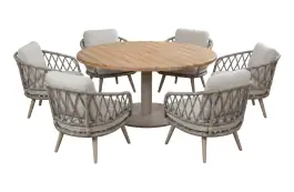 7-teiliges rundes Gartenmöbel-Set | Aurora Ø140 cm | Sand | Aluminium, Teak & Rope