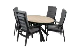 5-teiliges ovales Garten-Set | 4 Berlin Gartenstühle (Schwarz) | Gartentisch Limasol 180 cm (Wood)