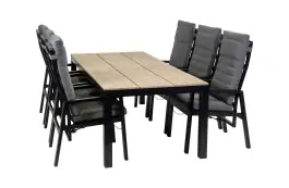 7-teiliges Garten-Set | 6 Berlin Gartenstühle (Schwarz) | Gartentisch Limasol 225 x 100 cm (Wood)