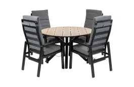 Rundes 5-teiliges Garten-Set | 4 Berlin Gartenstühle (Schwarz) | Gartentisch Limasol ø 120 cm ( Holz)