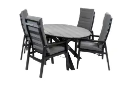 5-teiliges ovales Garten-Set | 4 Berlin Gartenstühle (Schwarz) | Gartentisch Limasol 180 cm (Grau)