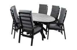 7-teiliges ovales Garten-Set | 6 Berlin Gartenstühle (Schwarz) | Gartentisch Limasol 220 cm (Grau)