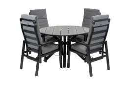 Rundes 5-teiliges Garten-Set | 4 Berlin Gartenstühle (Schwarz) | Limasol Gartentisch ø 120 cm (Grau)