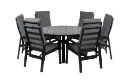 Rundes 7-teiliges Garten-Set | 6 Berlin Gartenstühle (Schwarz) | Limasol Gartentisch ø 150 cm (Grau)