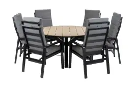 Rundes 7-teiliges Garten-Set | 6 Berlin Gartenstühle (Schwarz) | Limasol Gartentisch ø 150 cm (Wood)