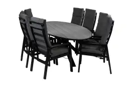 9-teiliges ovales Garten-Set | 8 Berlin Gartenstühle (Schwarz) | Gartentisch Limasol 280 cm (Grau)