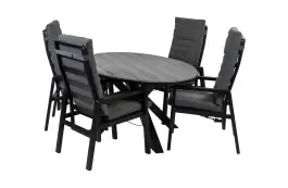 5-teiliges ovales Garten-Set | 4 Berlin Gartenstühle (Schwarz) | Gartentisch Limasol 180 cm (Grau)