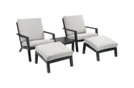 Sessel Lounge-Set | 2 Bezano Lounge-Sessel mit Hockern & Beistelltisch | Aluminium | Creme
