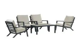 Sessel Lounge-Set Bezano | 4 Lounge-Sessel mit Beistelltisch (120 x 60 cm) | Aluminium & Creme
