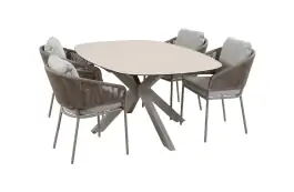 5-teiliges Gartenmöbel-Set | 4 Brindsi Gartenstühle (Elfenbeinfarbe, Camel & Mocca) | Gartentisch Malaga 180x115 cm (Camel)