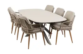 7-teiliges Garten-Set | 6 Isabel Gartenstühle (Sand) | Malaga Gartentisch 240 x 115 cm (Camel)