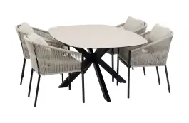 5-teiliges Gartenmöbel-Set | 4 stapelbare Gartenstühle Elvira (Sand) | Gartentisch Malaga 180 x 115 cm (Schwarz)