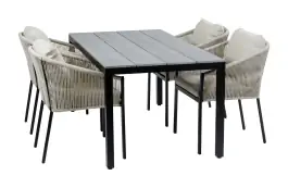 5-teiliges Garten-Set | 4 Elvira Gartenstühle (Sand) | Gartentisch Limasol 160 x 90 cm (Grey)